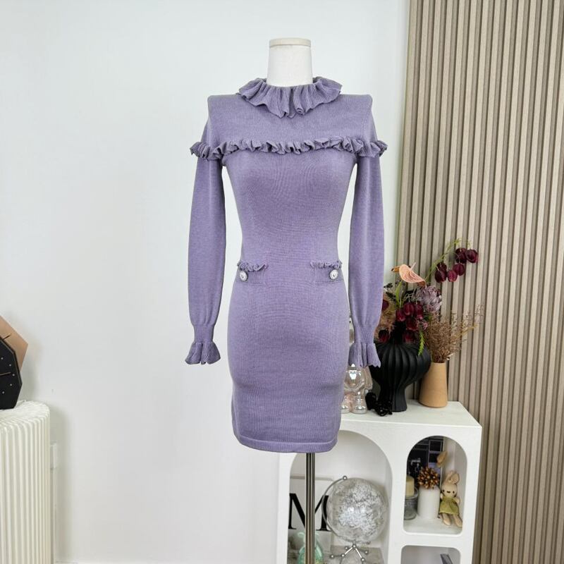 【dress】ギャザーフリルニットワンピース Q7676