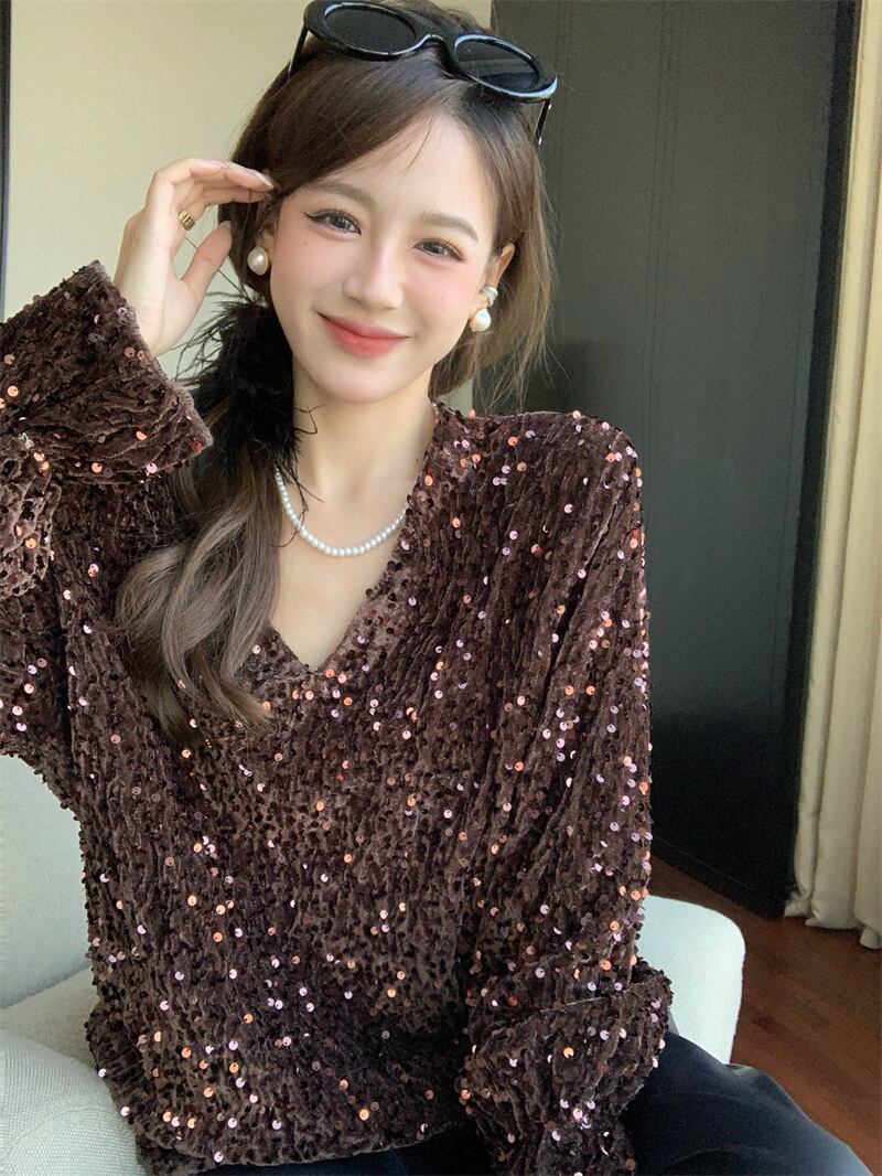 【tops】スパンコールVネックトップス　M28576