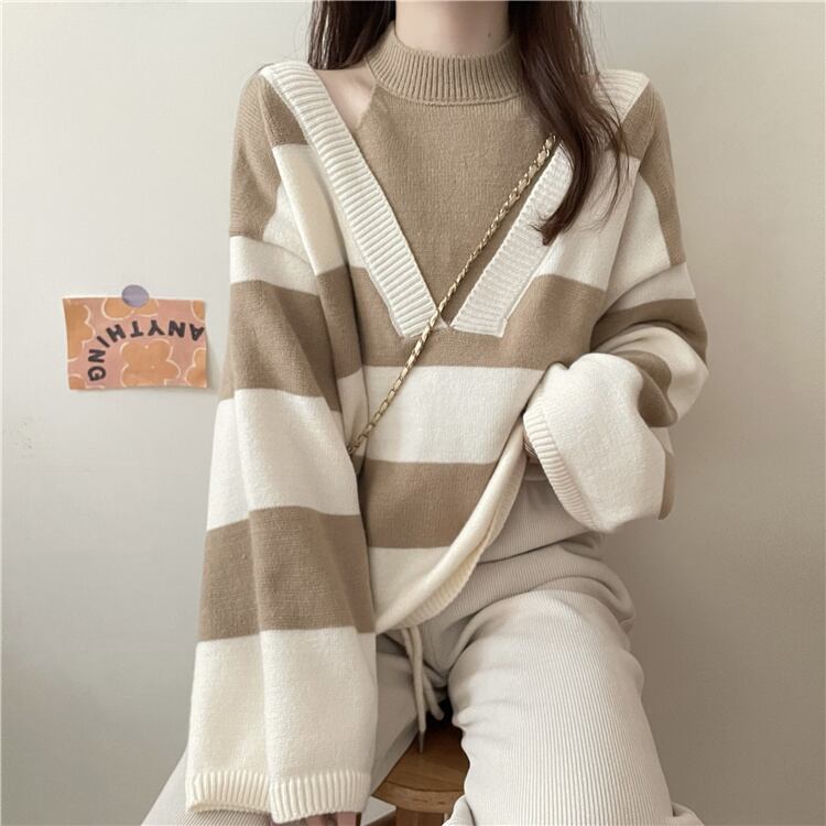 【tops】オフショルダーストライプ柄ニットG17450