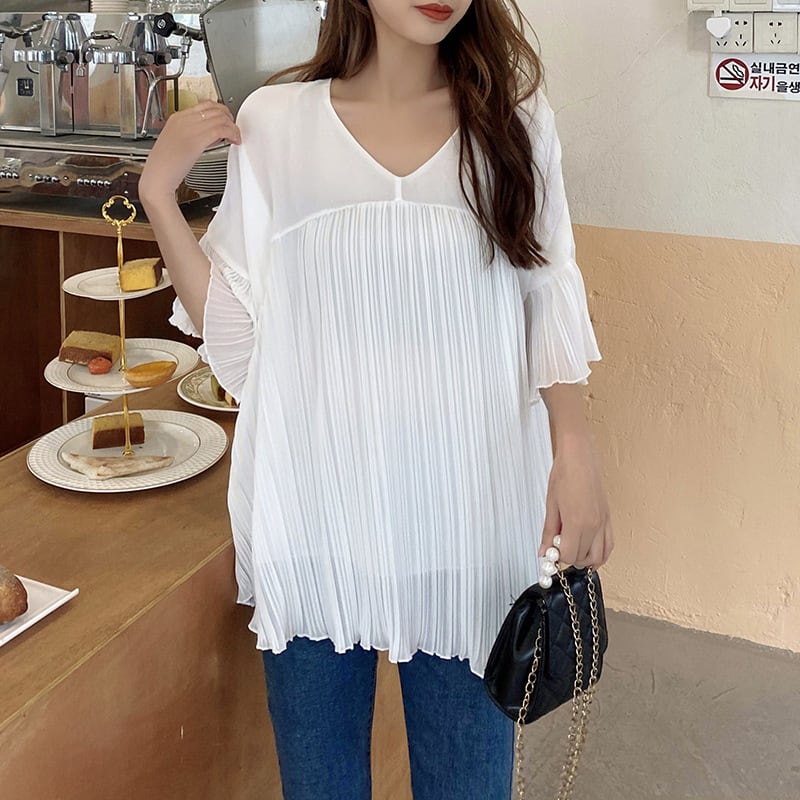 【tops】VネックフリルＴシャツF7342