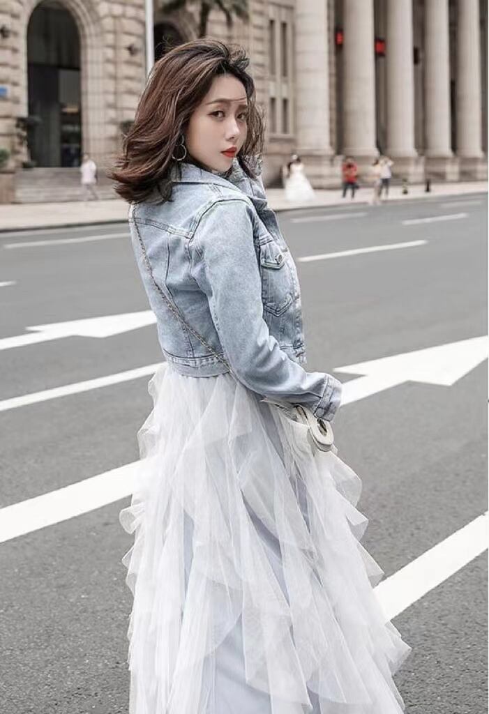 【set】一目惚れ！デニムジャケット+メッシュ切り替えキャミワンピースINS風2点セットF0751