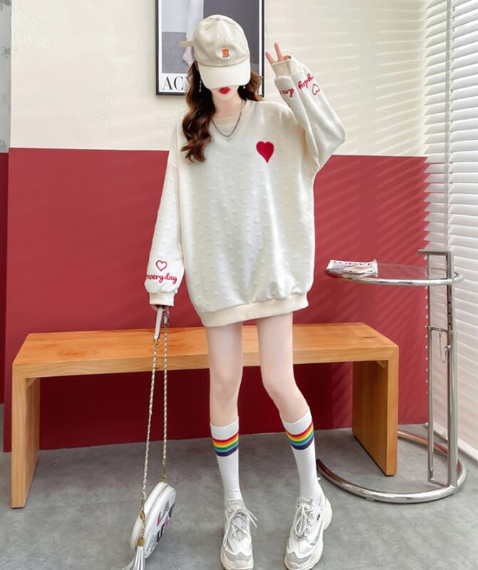 【tops】INS風ラウンドネック長袖ハート柄カジュアル薄手パーカーF3574