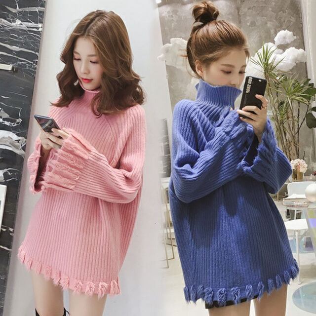 【tops】ハイネック長袖ファッション無地ゆったり着回しニットセーターF0840