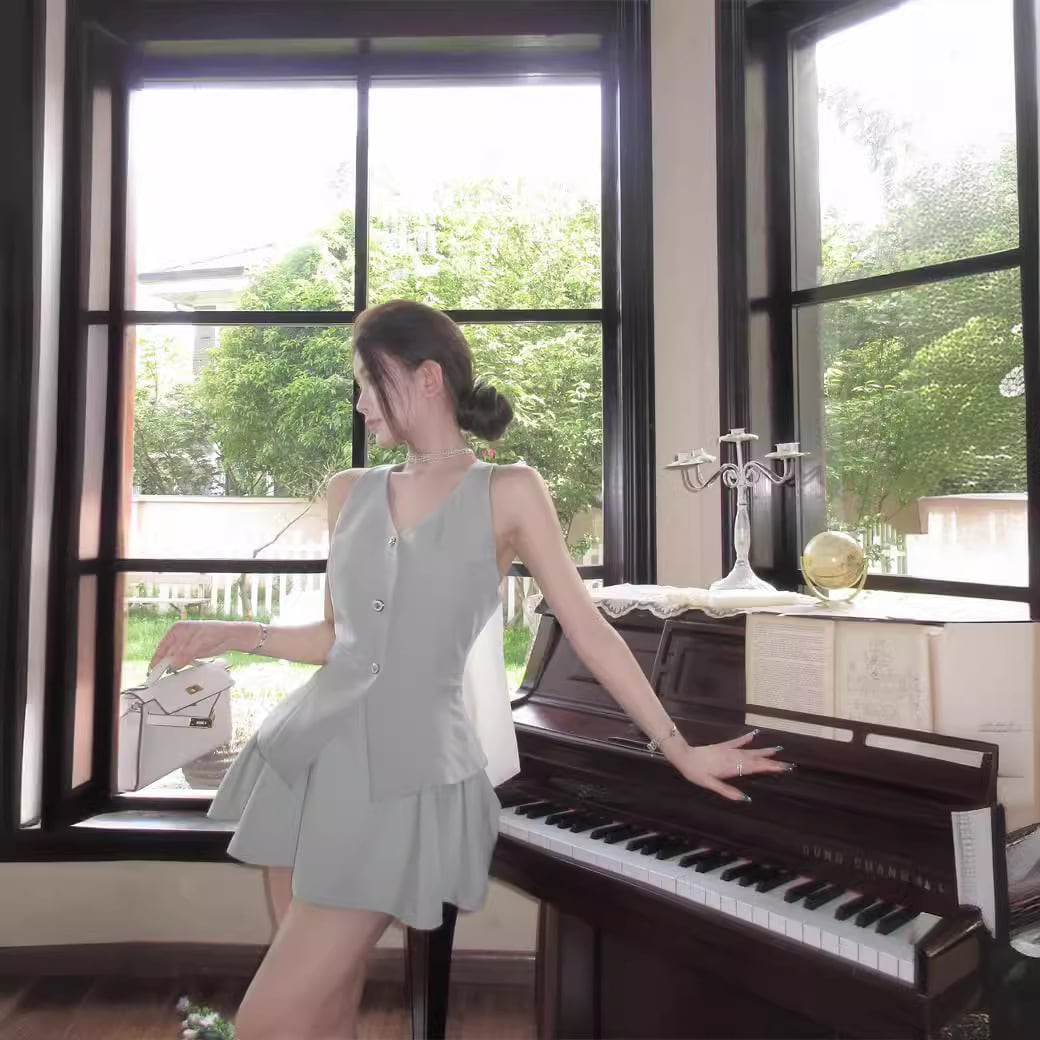 【set】Vネックリボンスーツチョッキ+スカート２点セットG21405