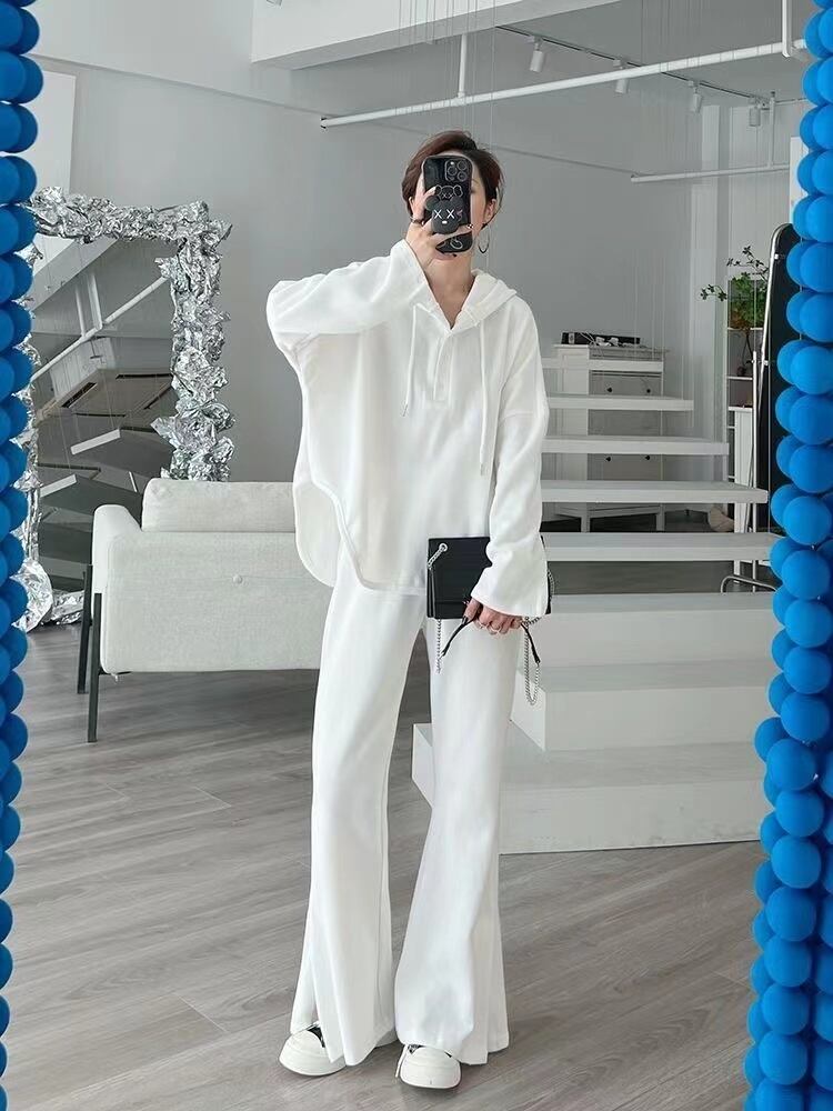 【set】好感度満載！3色ゆったり長袖パーカー+無地ガウチョパンツ通勤日常セットアップF4785