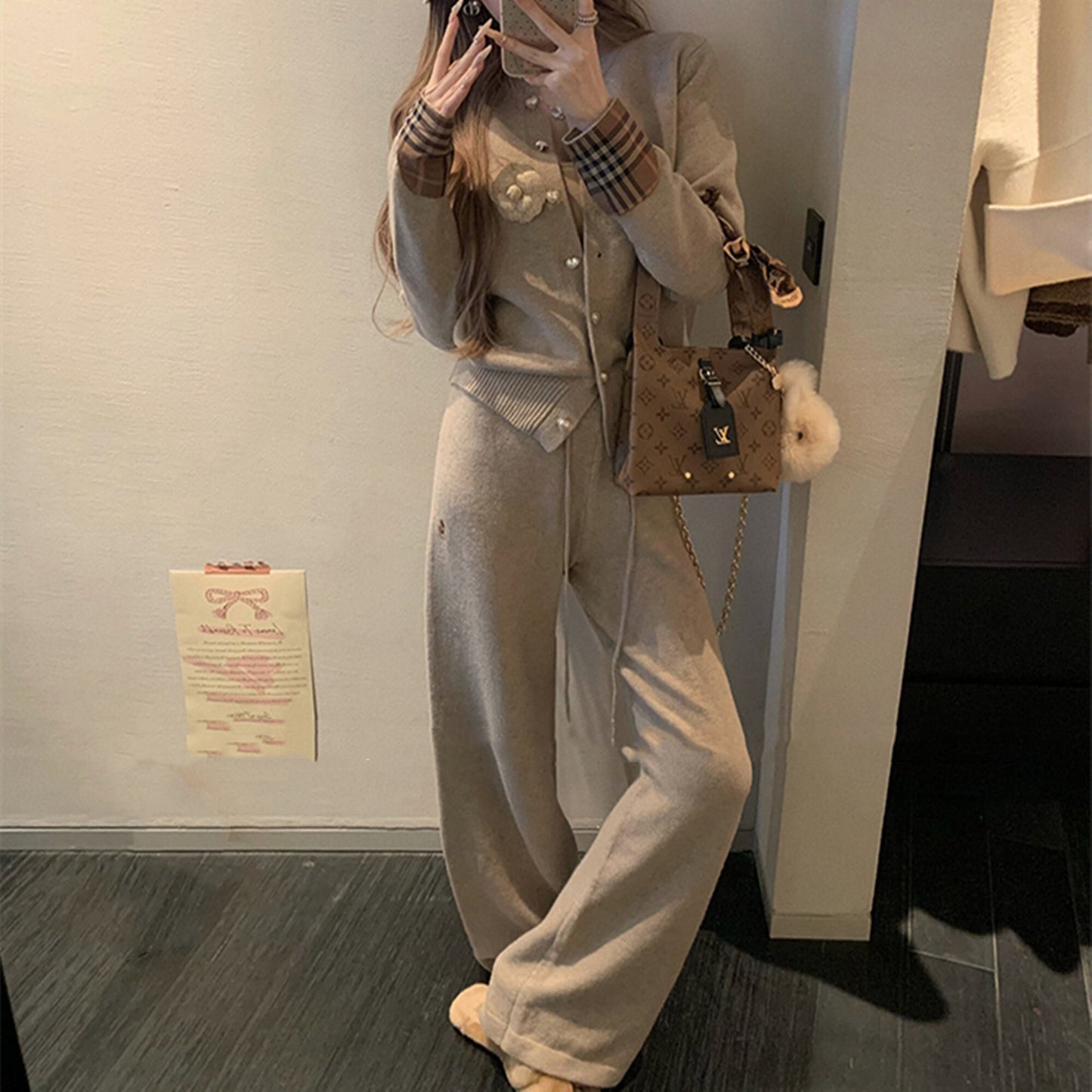 【set】チェック柄切り替えニットカーディガン×ワイドパンツセット　N3307