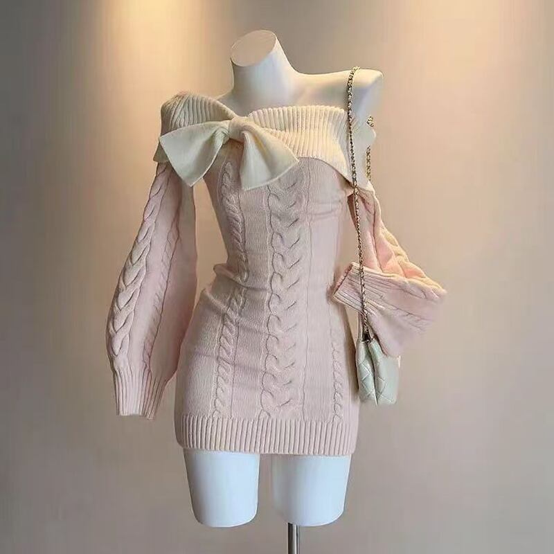 【dress】リボン付きオフショルダーニットワンピース Q7769