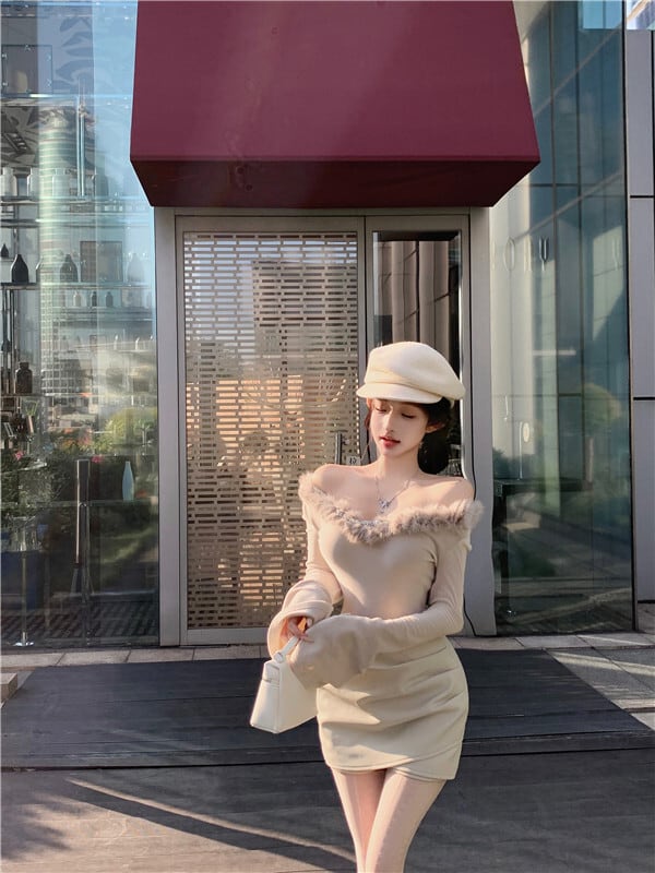 【tops】ファー付きオフショルダートップス　M28900