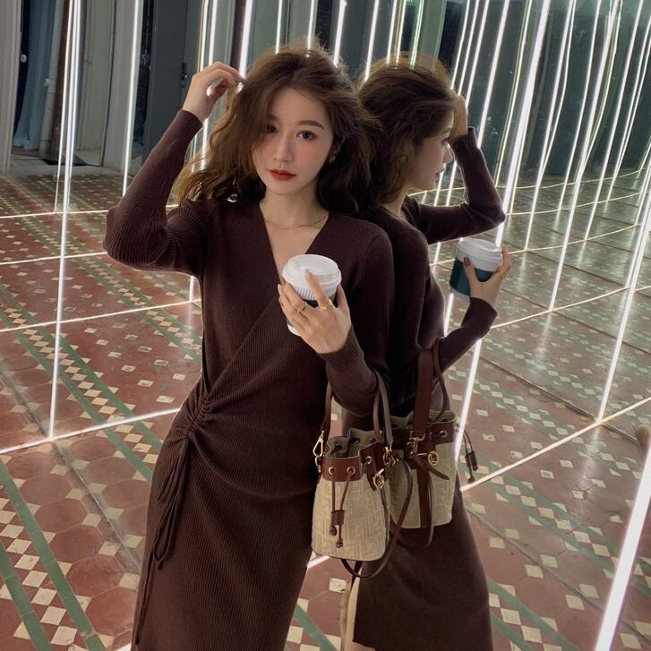 【dress】好感度UP!気質満点デザインフランス風シンプルVネックニットワンピース G2822