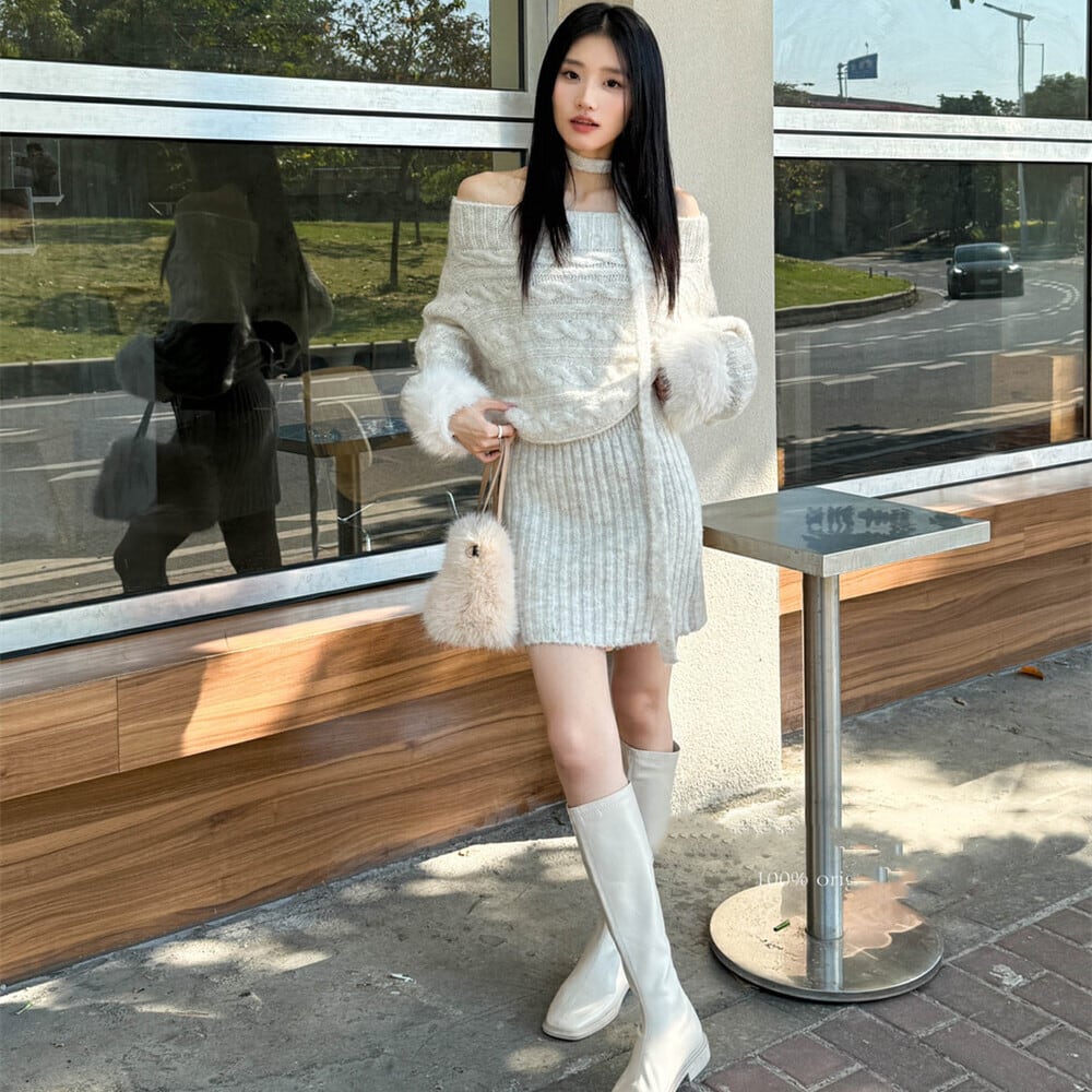 【dress】チョーカー付袖ファーオフショルダーニットワンピース　N2892