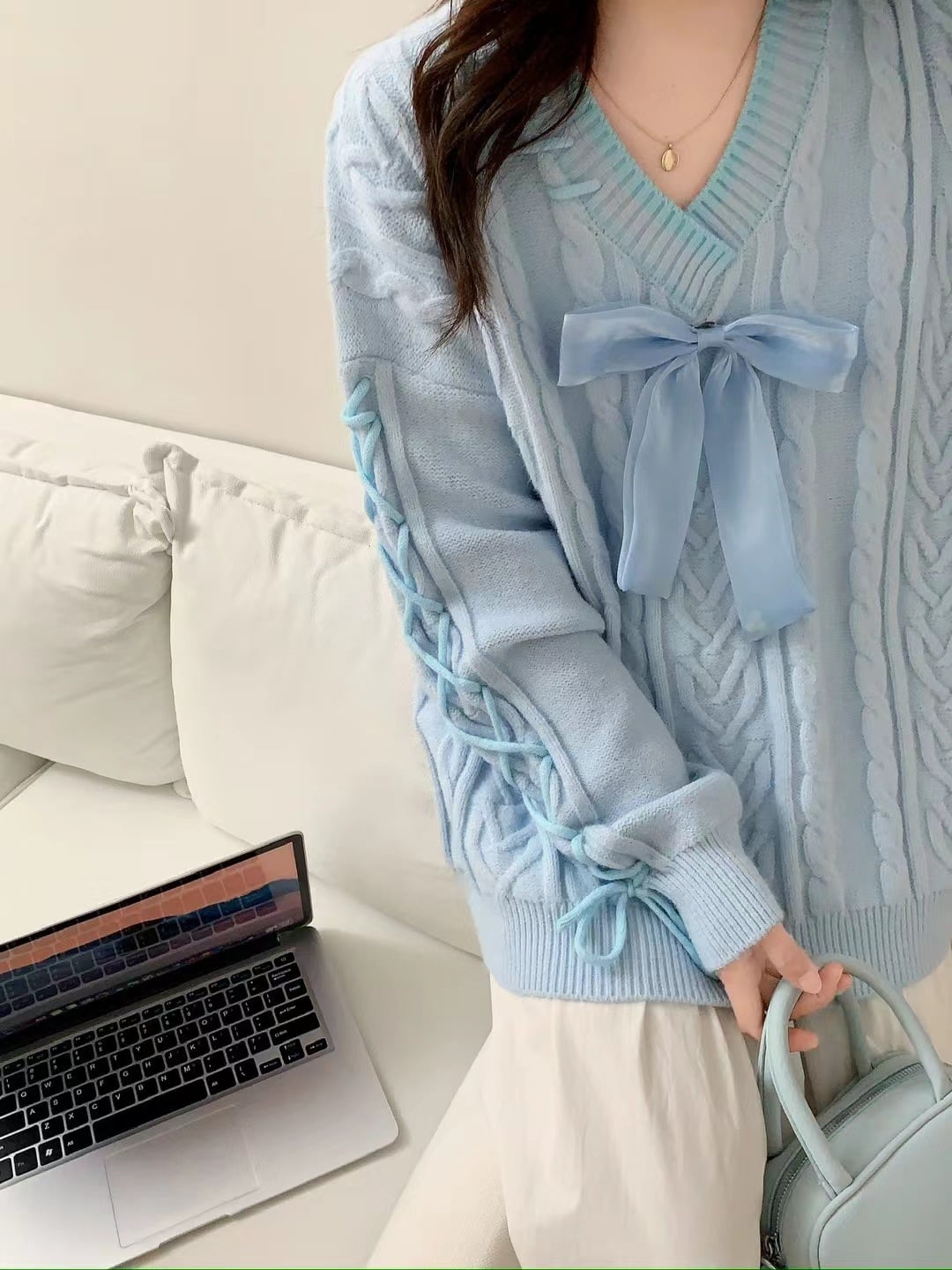 【tops】リボン付きレースアップニットセーター　N2714