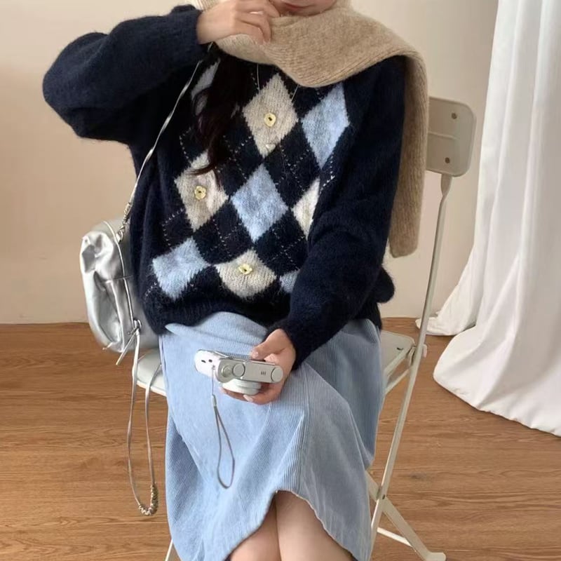 【tops】アーガイルチェックニットトップス Q7145
