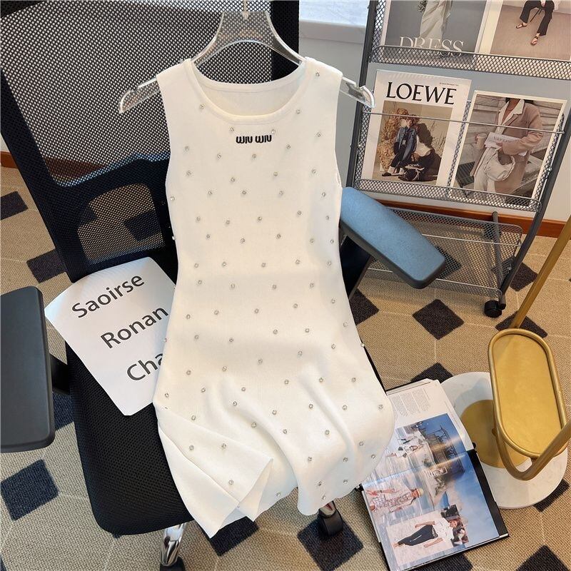 【dress】今季マストバイ夏新作2色ラウンドネックノースリーブニット無地ワンピースF5365