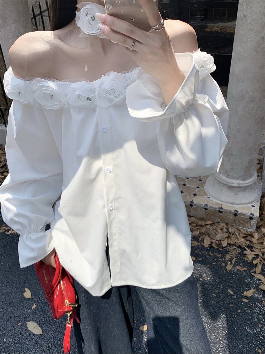 【tops】ボートネック立体フラワーシャツトップス　M29555
