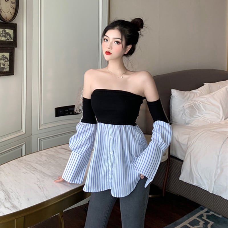 【tops】レトロセクシー気質満点ボートネック切り替え体型カバーストライプ柄シャツ G8793