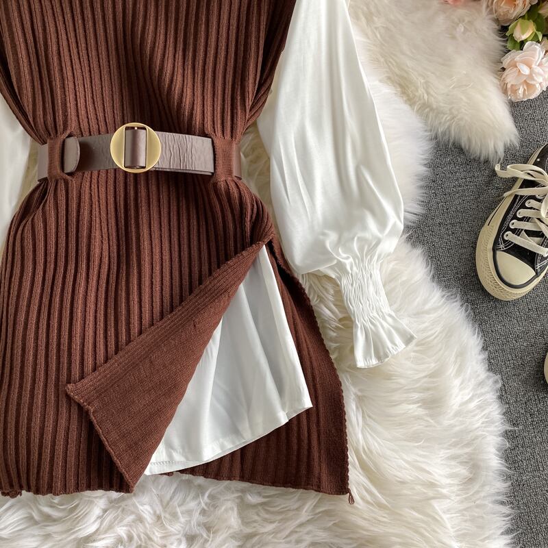 【set】好感度UP!気質満点レトロ韓国系着痩せニットベスト+シャツ２点セット G1682