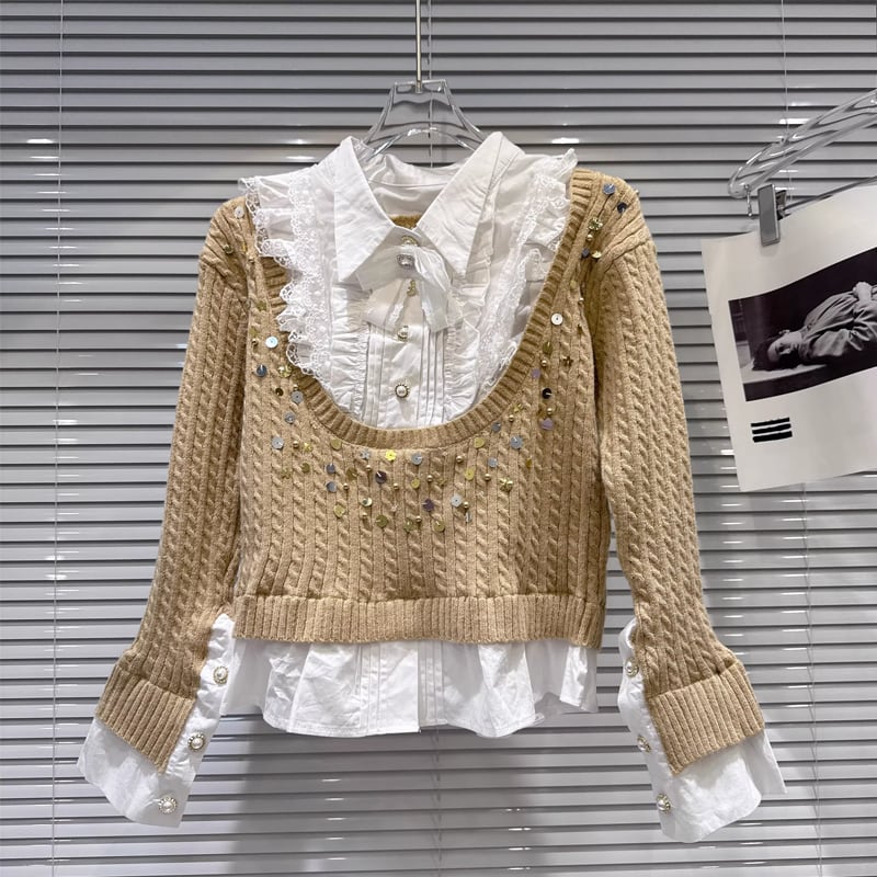 【tops】スパンコール付きフェイクレイヤードニットトップス Q7997