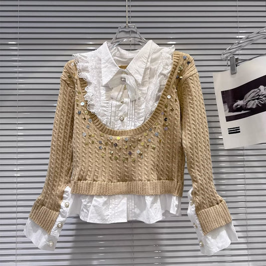 【tops】スパンコール付きフェイクレイヤードニットトップス Q7997