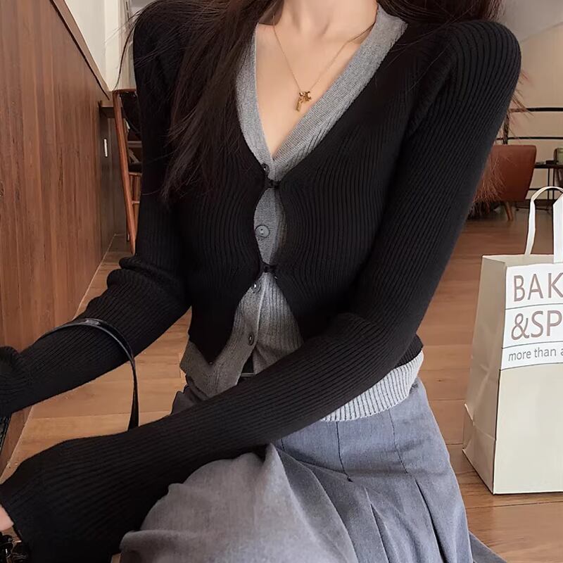 【tops】フェイクレイヤードニットトップス Q8150