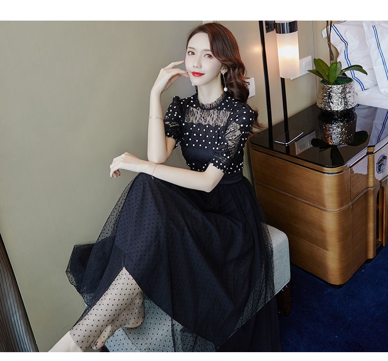 【dress】好感度UP!気質満点フェミニンレース体型カバードット柄ワンピース G0506