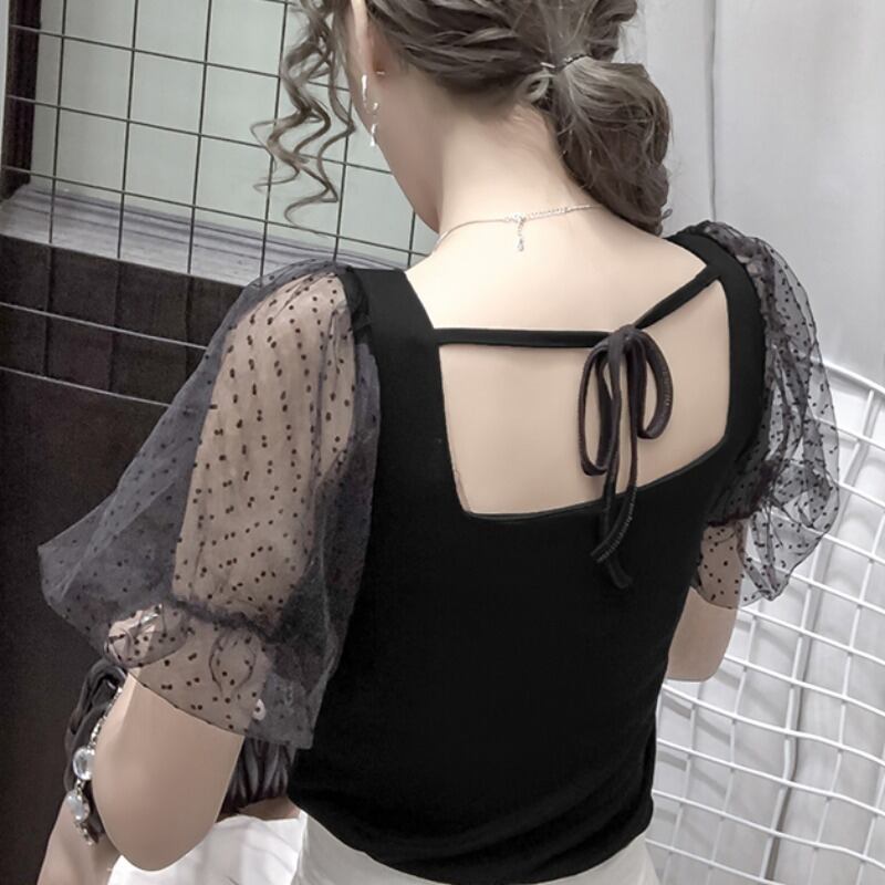 【tops】韓国風INS風スクエアネックメッシュ半袖着やせ無地TシャツF2235