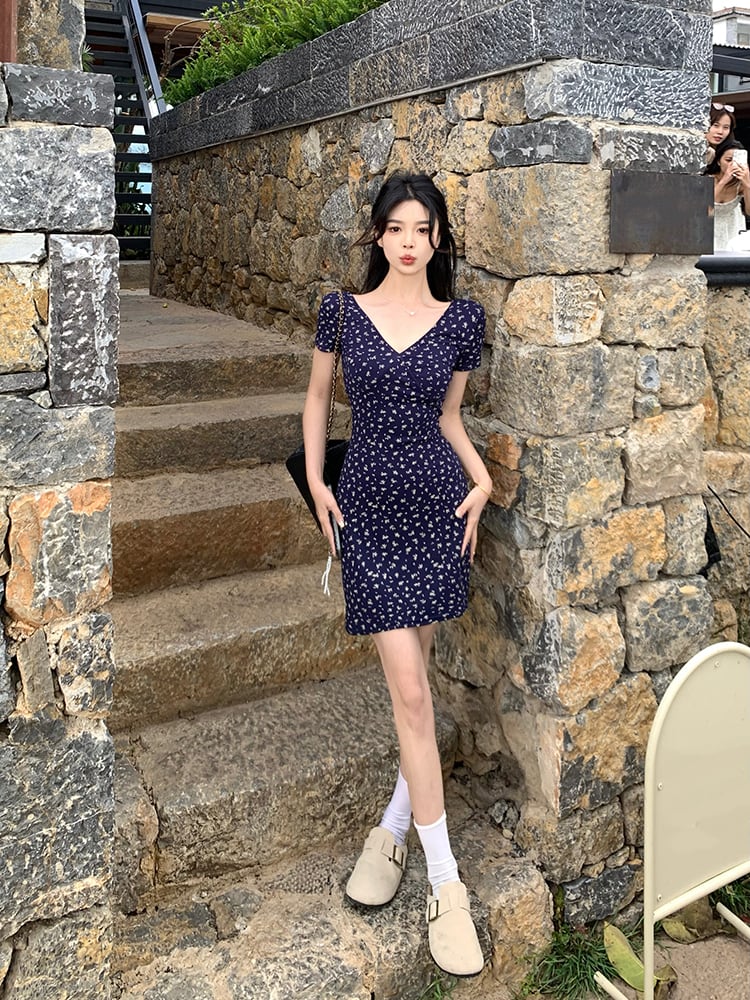 【dress】Vネック花柄タイトワンピースG21571