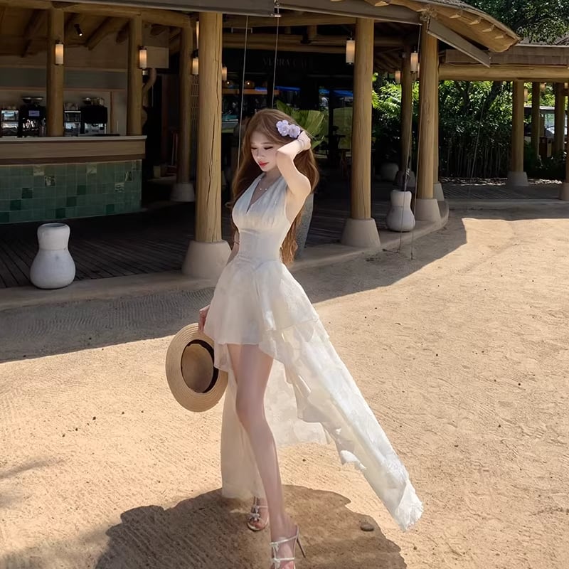 【dress】ホルターネックレースイレヘムワンピース Q8412