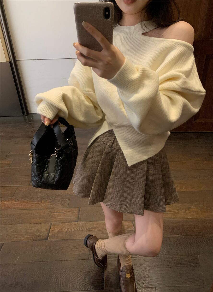【set】オフショルダーニットセーター×キュロットパンツセット　M28427