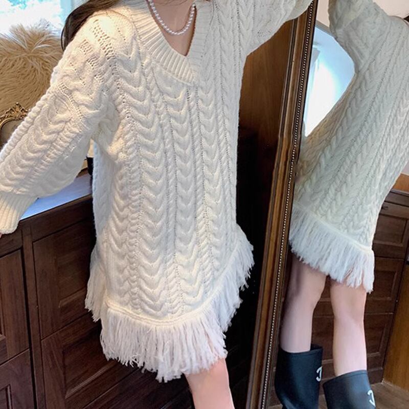 【dress】Vネックフリンジセーターワンピース　M18333