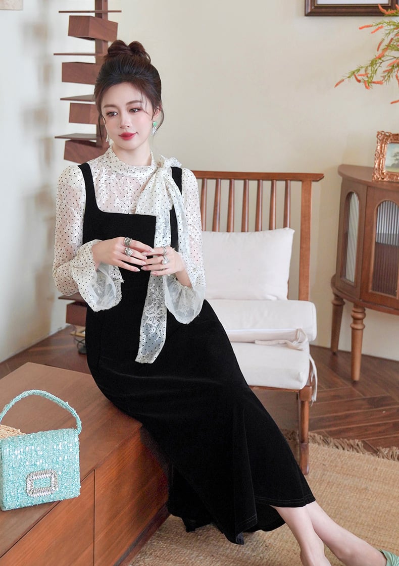【dress】ドット柄チュールドッキングベルベットワンピース Q7365