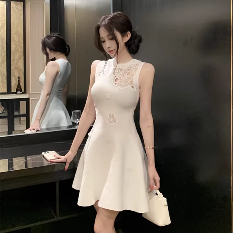 【dress】ノースリーブカットワークフレアワンピース Q7846