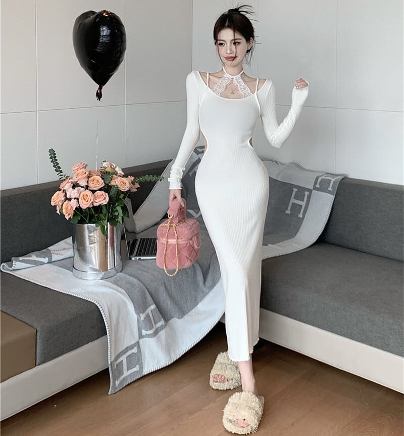 【dress】レースドッキングニットワンピース　M27875