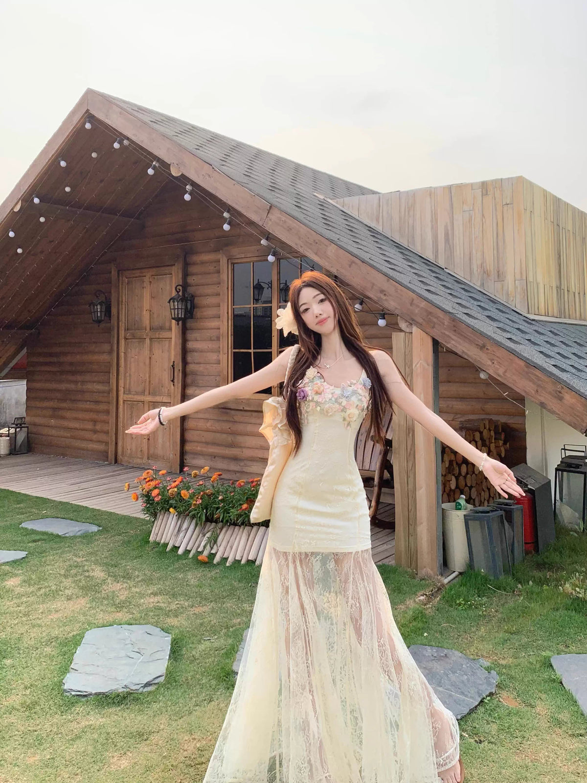 【dress】フラワー付きチュールドッキングロングキャミワンピース Q8259