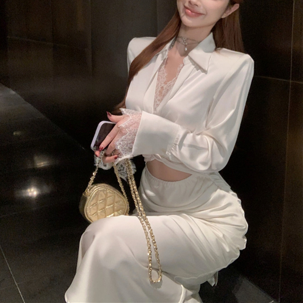 【dress】レース切り替えウエストリボンワンピースF8139　