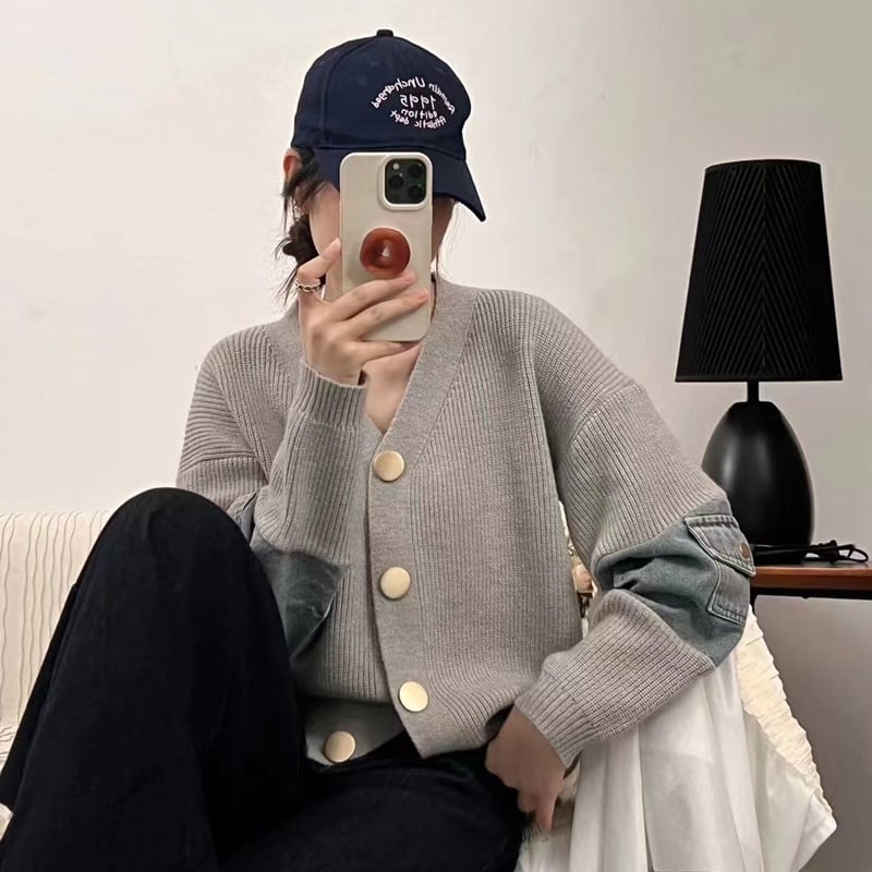 【tops】Vネックデニムドッキングニットトップス Q6369
