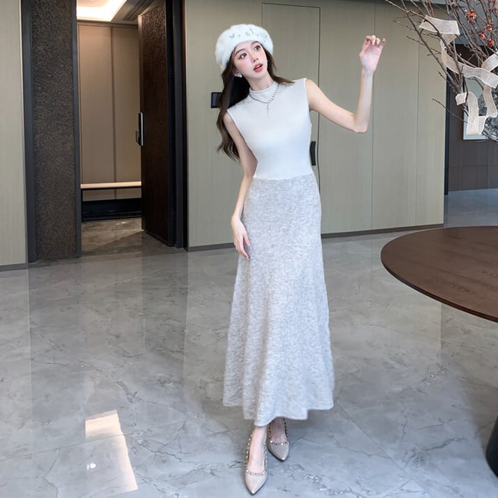 【dress】アームカバー付きドッキングニットワンピース　M28118