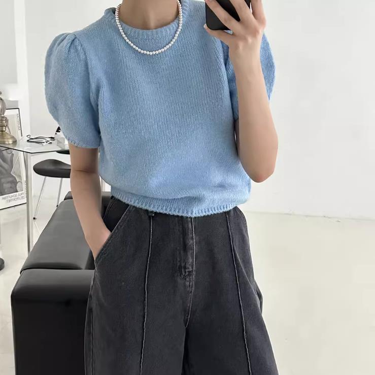 【tops】半袖パフ袖ニットＴシャツF7427