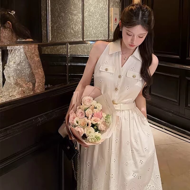 【dress】アイレットレースロングベストワンピース Q8457