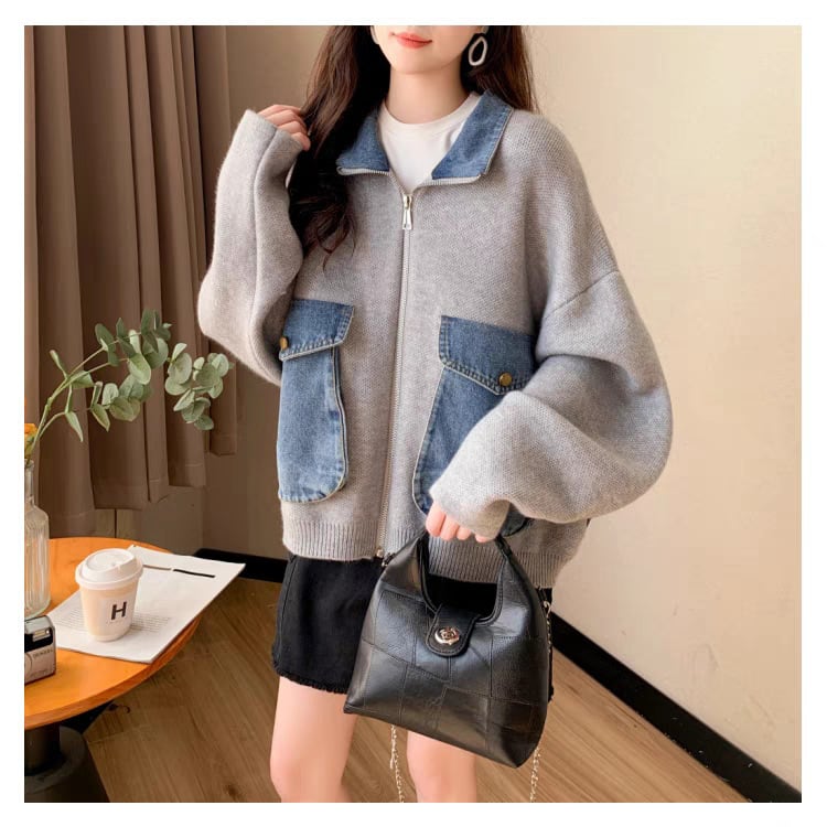 【outer】デニム切り替えニットカーデ　M25745