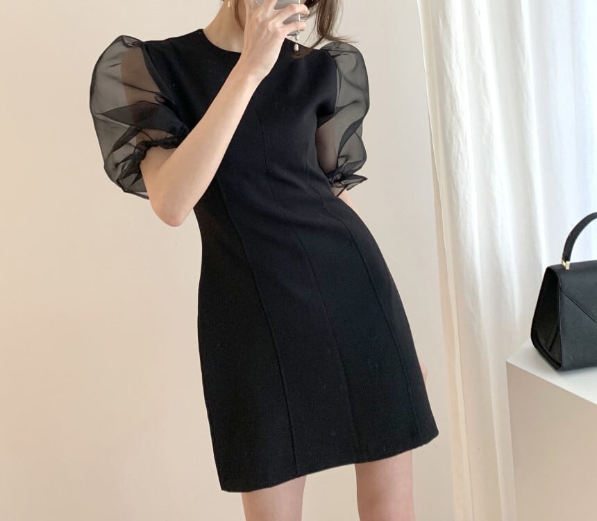 【dress】チュールスリーブ切り替えワンピース　M23986