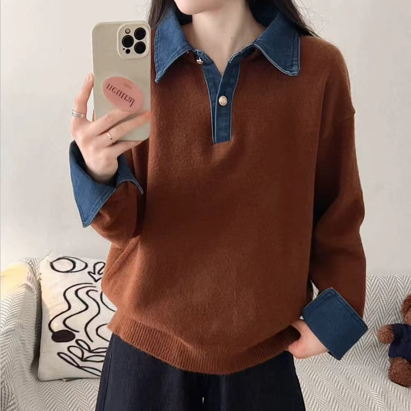 【tops】デニムドッキングニットトップス Q7216