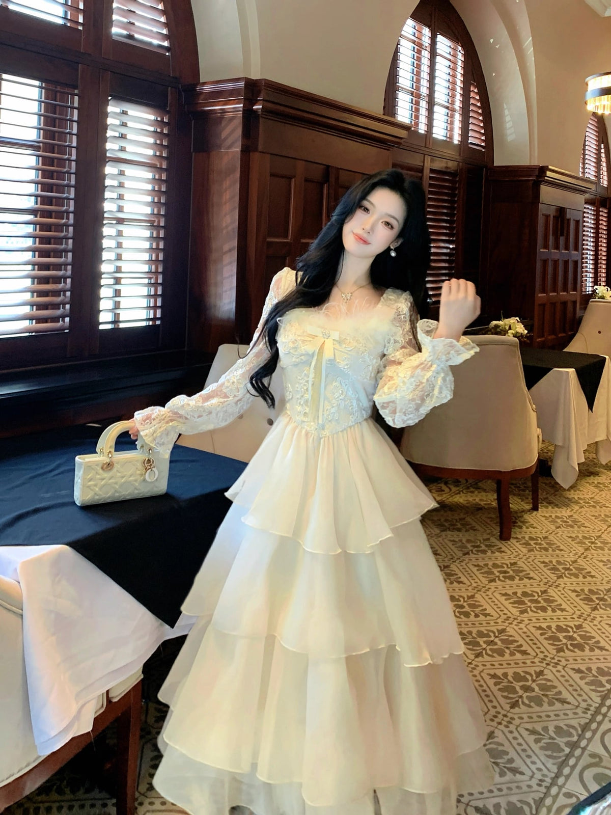 【dress】ファードッキングレースワンピース Q7600