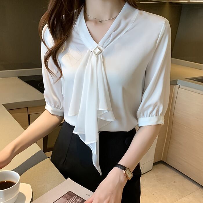 【tops】韓国ファッション2色Vネック半袖無地着回しOL通勤ブラウスF0119