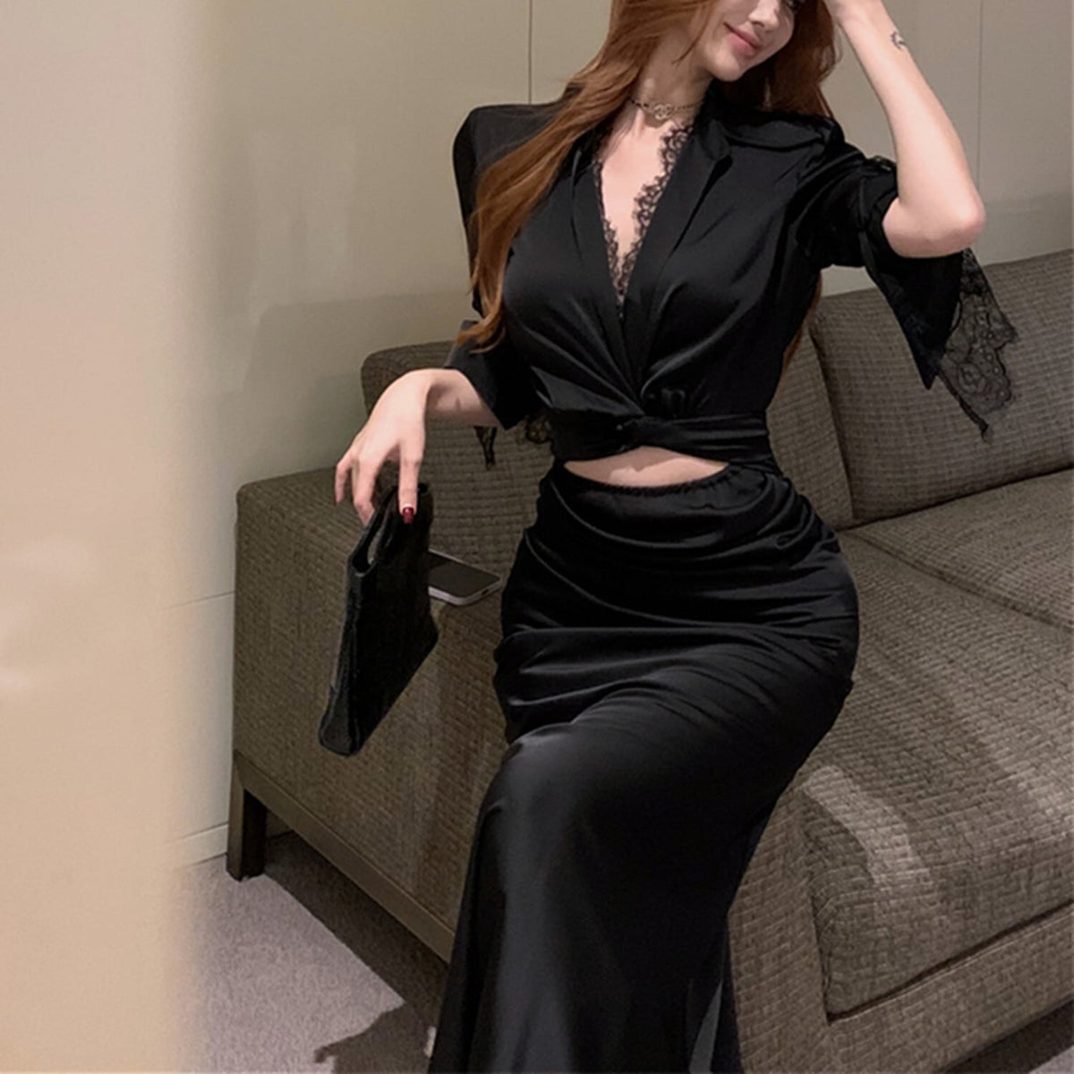 【dress】レース切り替えポイントオープンデートワンピース　N2695