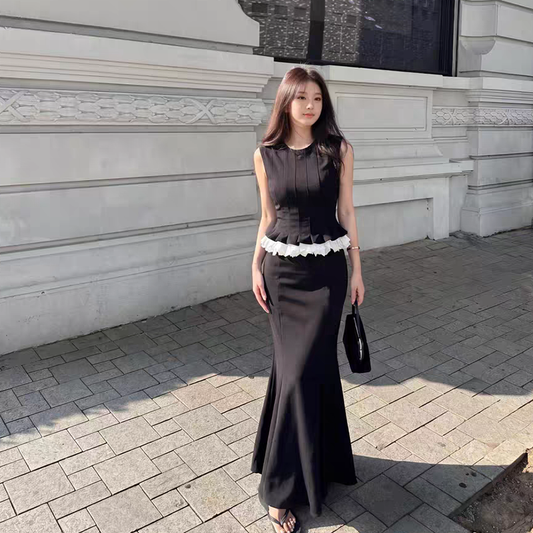 【set】ランダムフリルペプラムトップス×マーメイドスカートセット     N3589