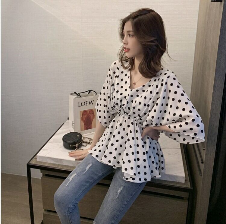 【tops】好感度満載！Vネック半袖シフォンドット柄ウェスト絞りファッションブラウスF0373