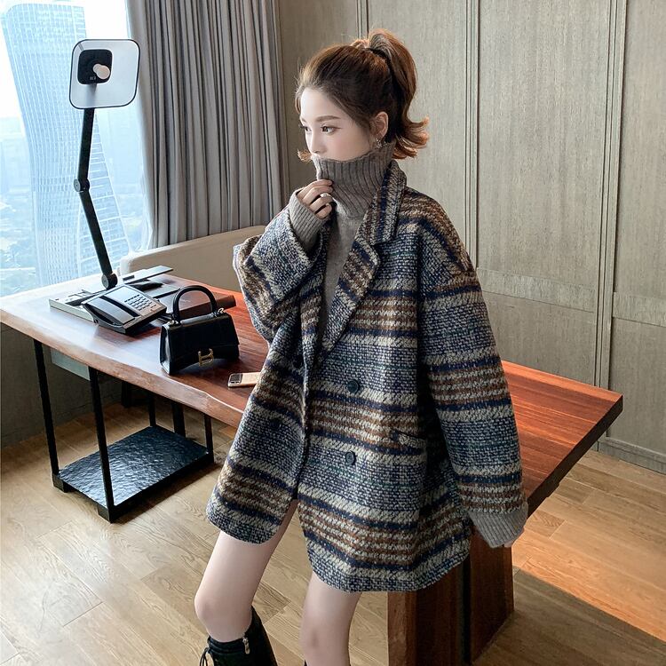 【outer】気質溢れる♪大きいラペル長袖チェック柄ゆったり着回し厚手コートF0844