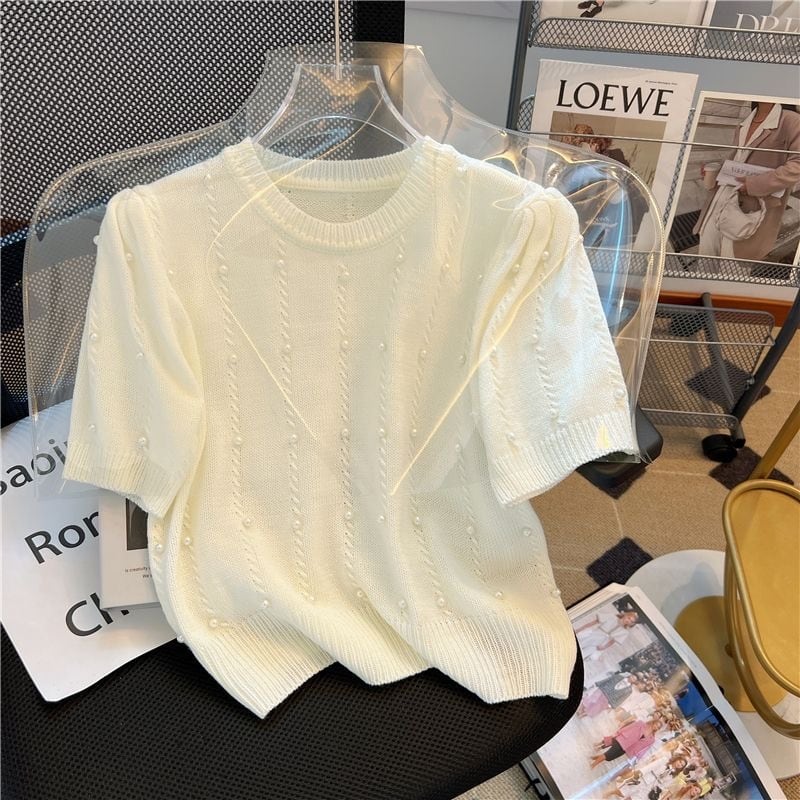 【tops】4色ラウンドネックニットＴシャツF7307