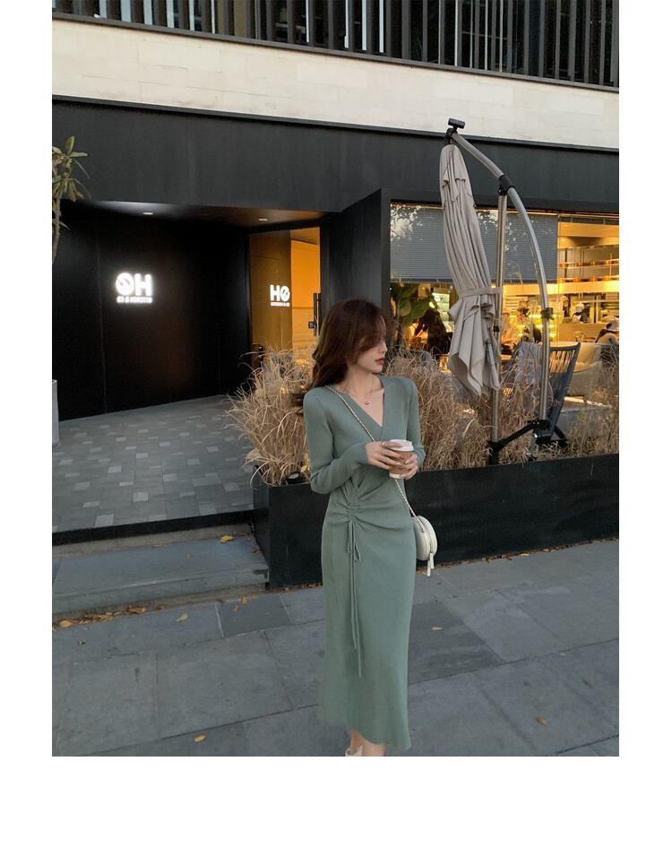 【dress】好感度UP!気質満点デザインフランス風シンプルVネックニットワンピース G2822