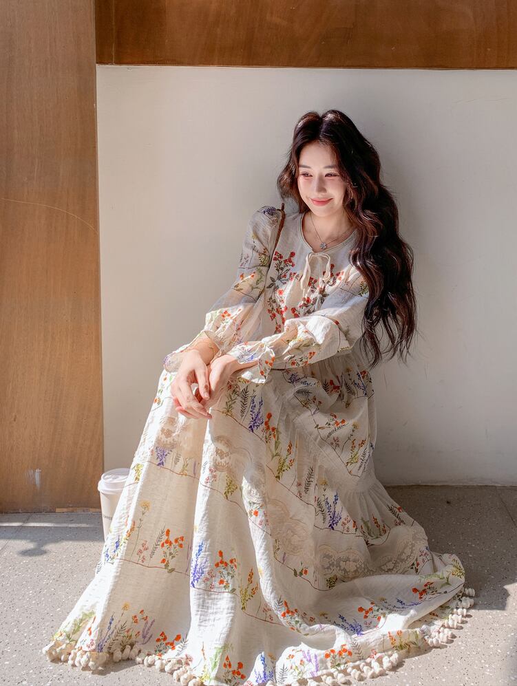 【dress】フリンジ付き花柄ロングワンピース Q8225